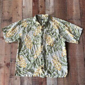 Tommy Bahama Mens Hawaiian Shirt Yellow Floral Print Short Sleeve 100% Silk - L